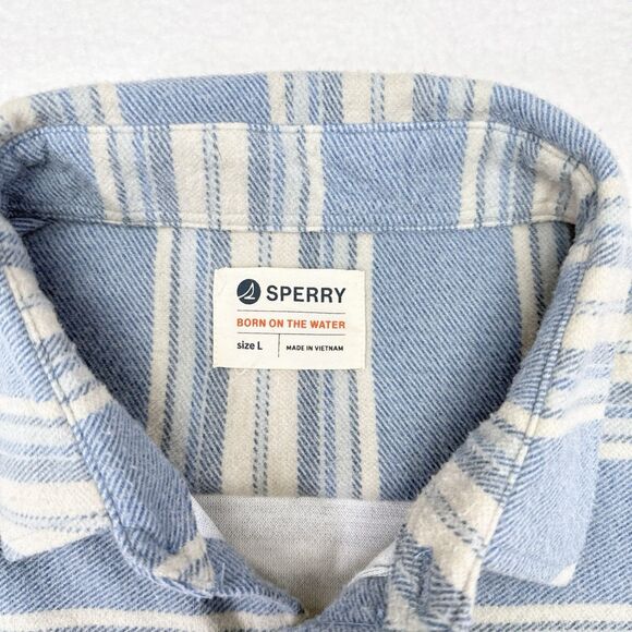 Sperry Flannel Button Down Shirt Mens Large Blue White Striped Preppy Coastal - Picture 7 of 10